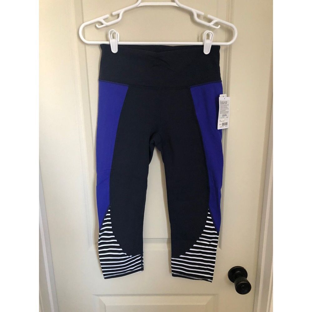 Athleta Size Small Blue‎ Black Striped High Rise Flow Chaturanga Capri